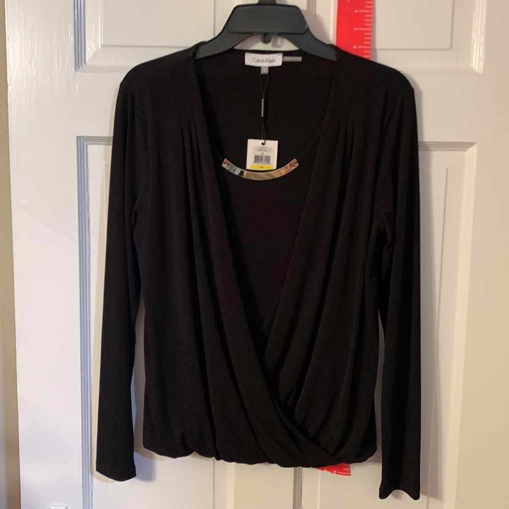 Calvin Klein Elegant Black dressy blouse w gold accent. NWT